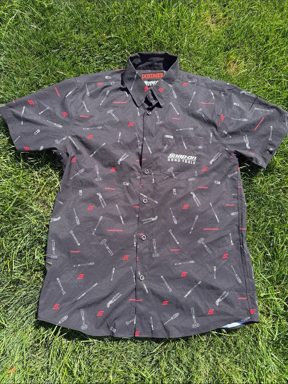 SnapOn inspired DIXXON Black Short-Sleeve Button-Up with Red and Gray Tool Print